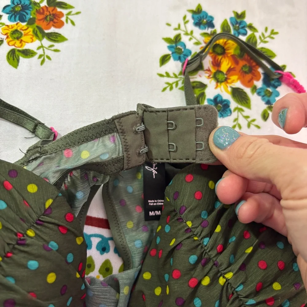 La SENZA sz M Green & Multicolour Polka Dot Chemise with Pink Straps & Bow - Picture 6 of 9